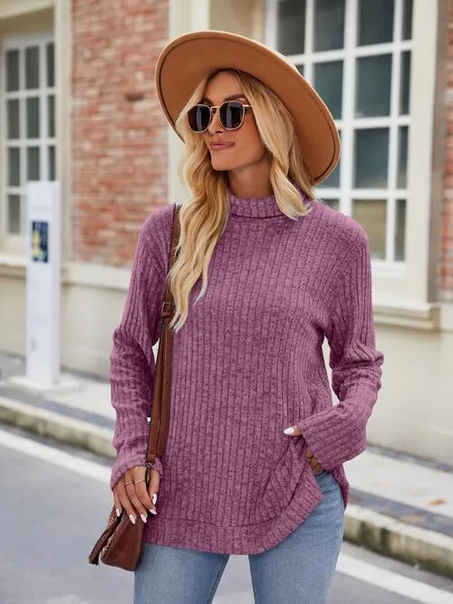 Ribbed Turtleneck Long Sleeve Slit Knit Top