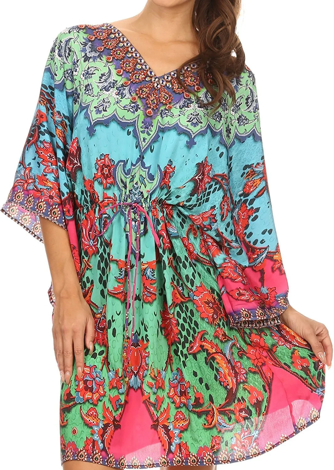 Sakkas Zander Drawstring Waist Dress / Cover Up With Rhinestone V-Neck