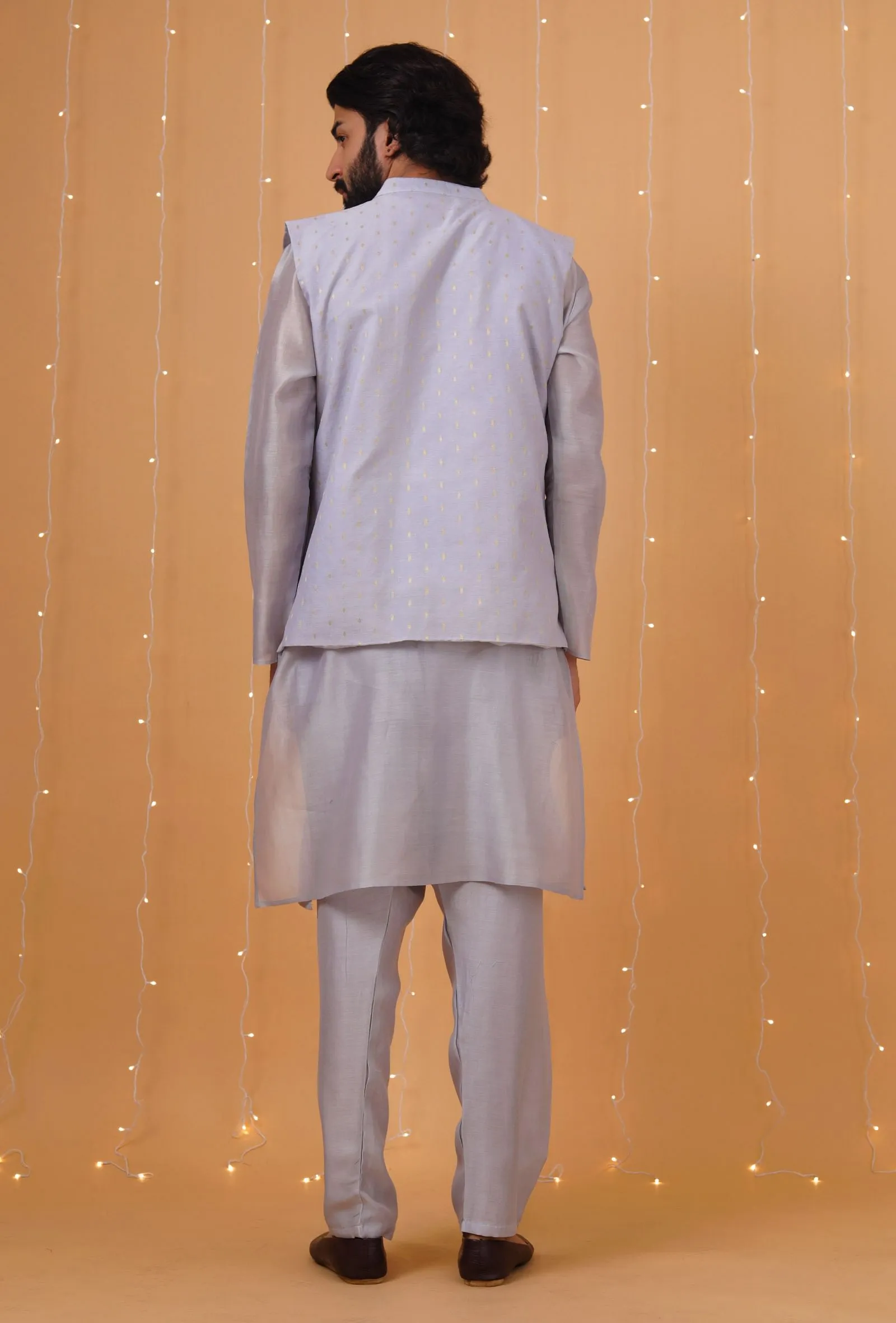 Set Of 3: Ice Blue Chanderi Kurta, Pajama & Overlapped Nehru Jacket