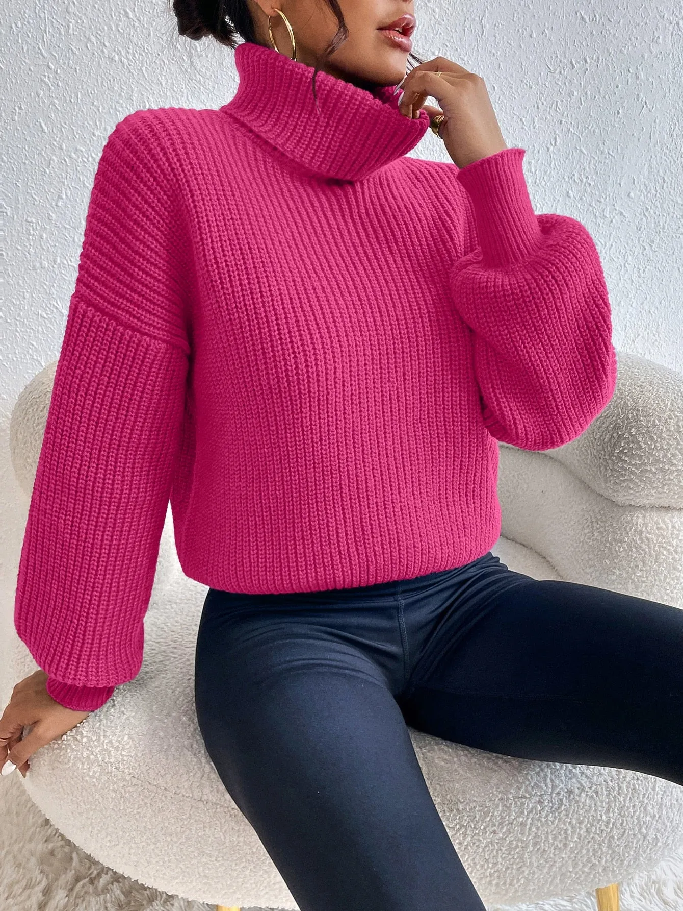 SHEIN Privé Rib-knit Turtleneck Drop Shoulder Sweater