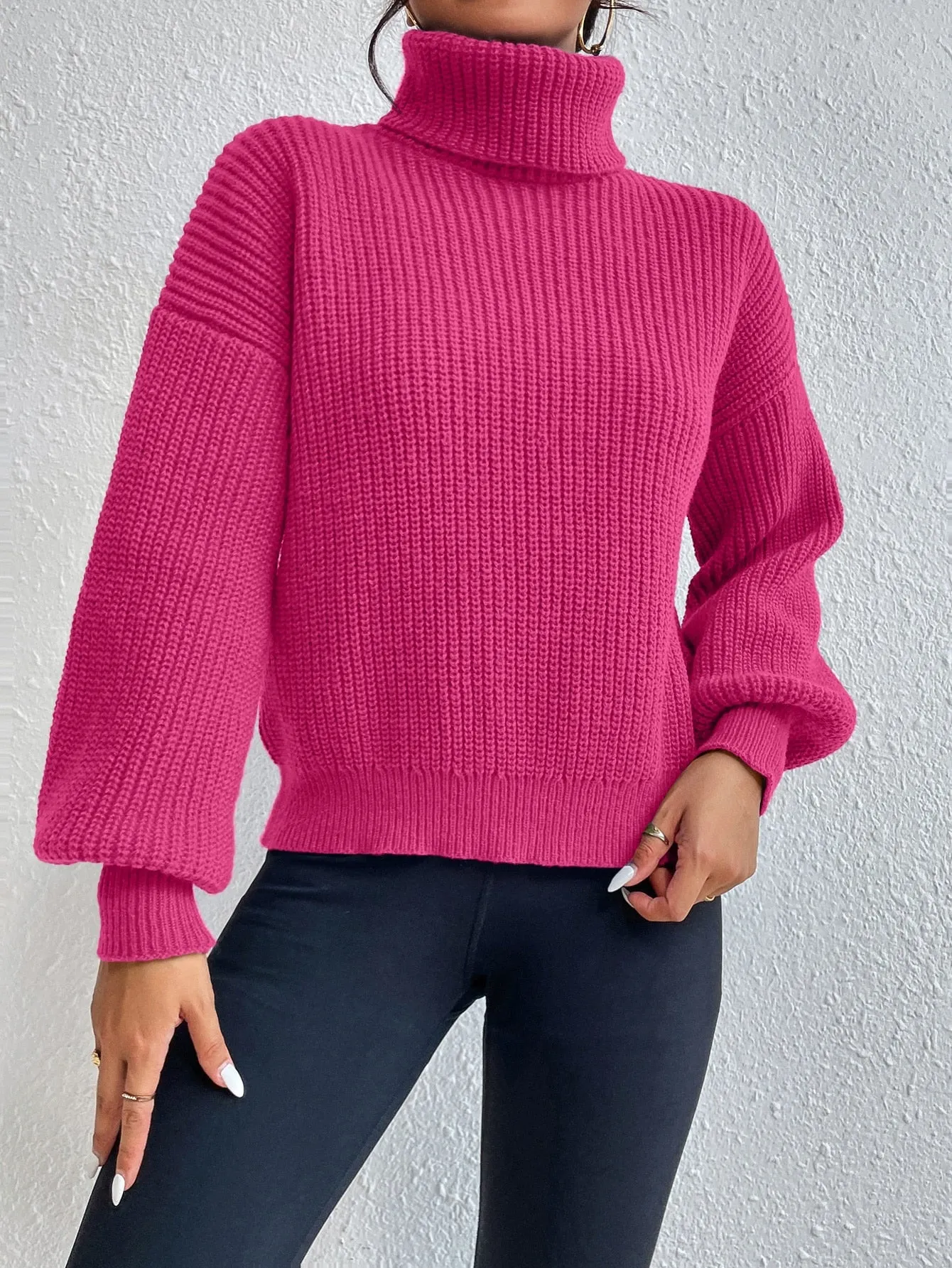 SHEIN Privé Rib-knit Turtleneck Drop Shoulder Sweater