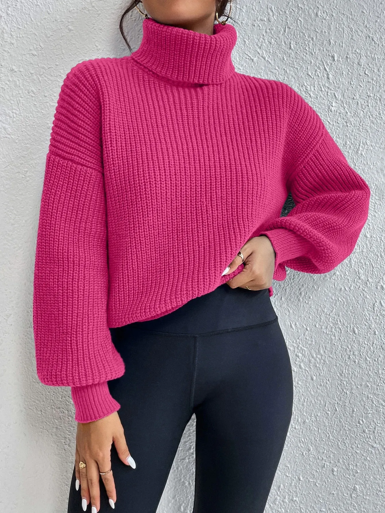 SHEIN Privé Rib-knit Turtleneck Drop Shoulder Sweater