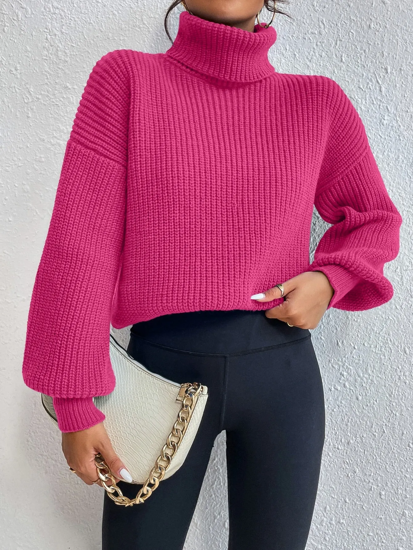 SHEIN Privé Rib-knit Turtleneck Drop Shoulder Sweater