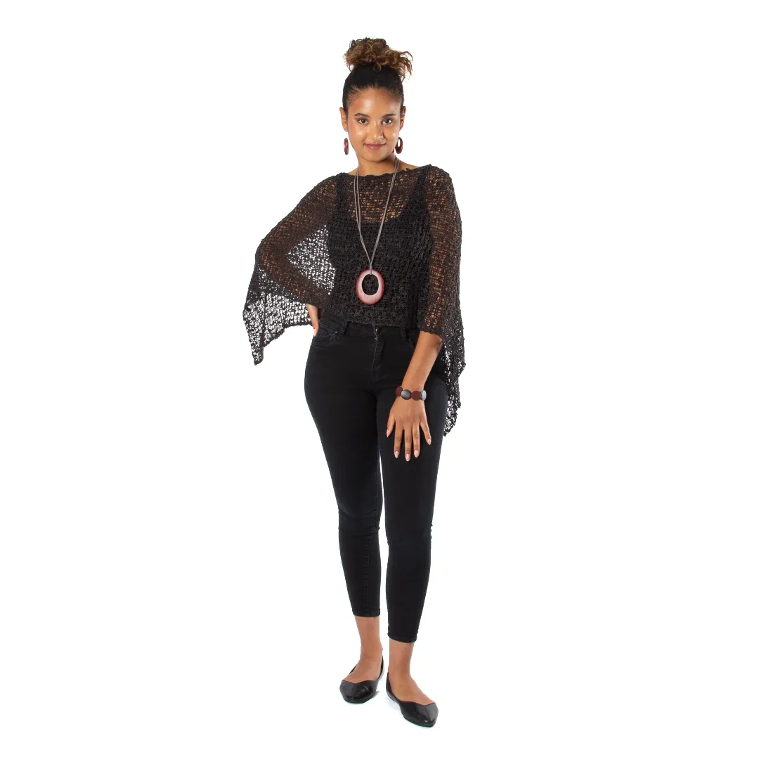 Short Popcorn Knit Poncho - Black, Bali