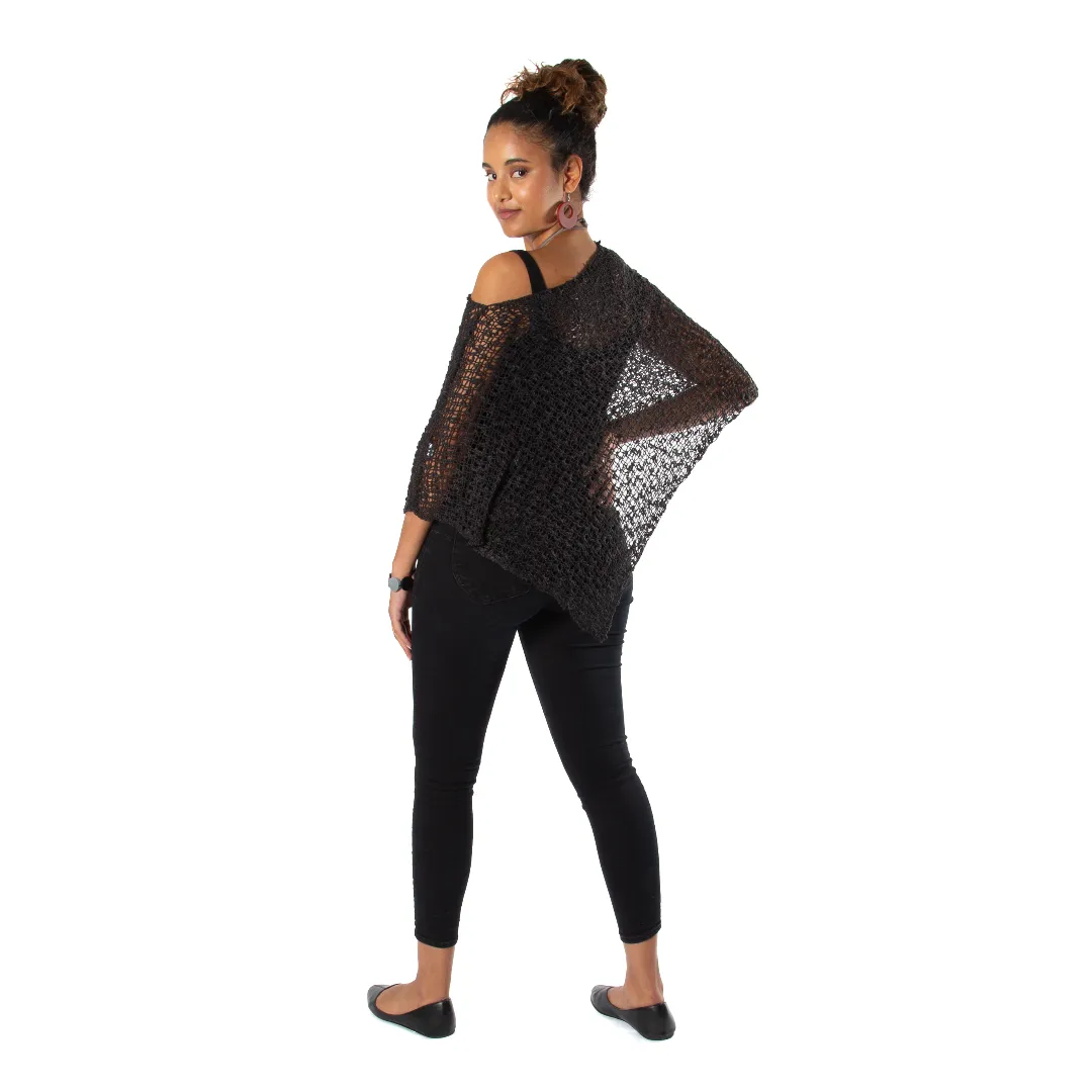 Short Popcorn Knit Poncho - Black, Bali