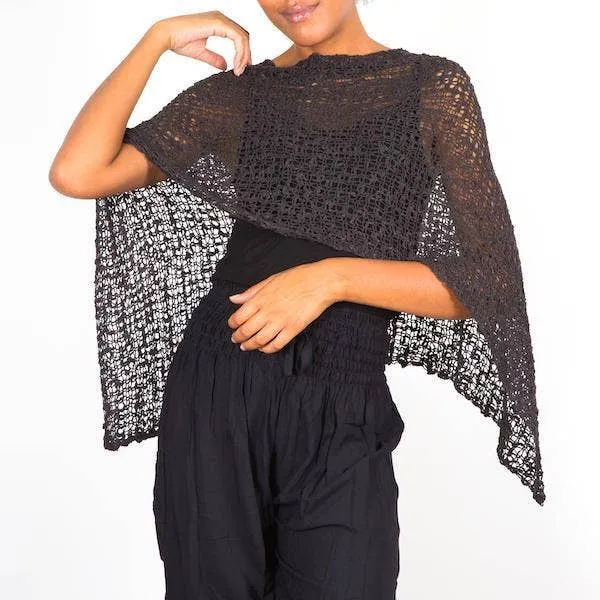 Short Popcorn Knit Poncho - Black, Bali