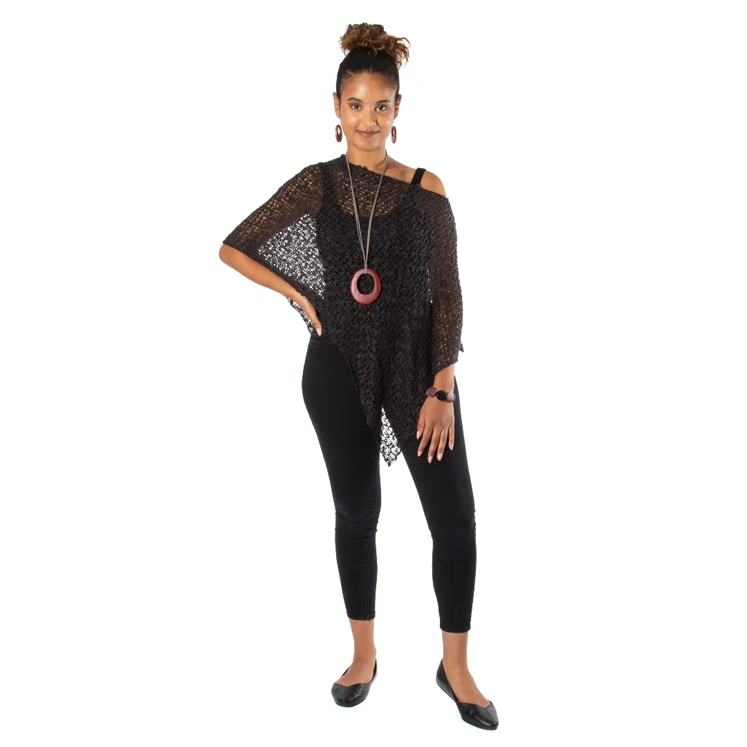 Short Popcorn Knit Poncho - Black, Bali