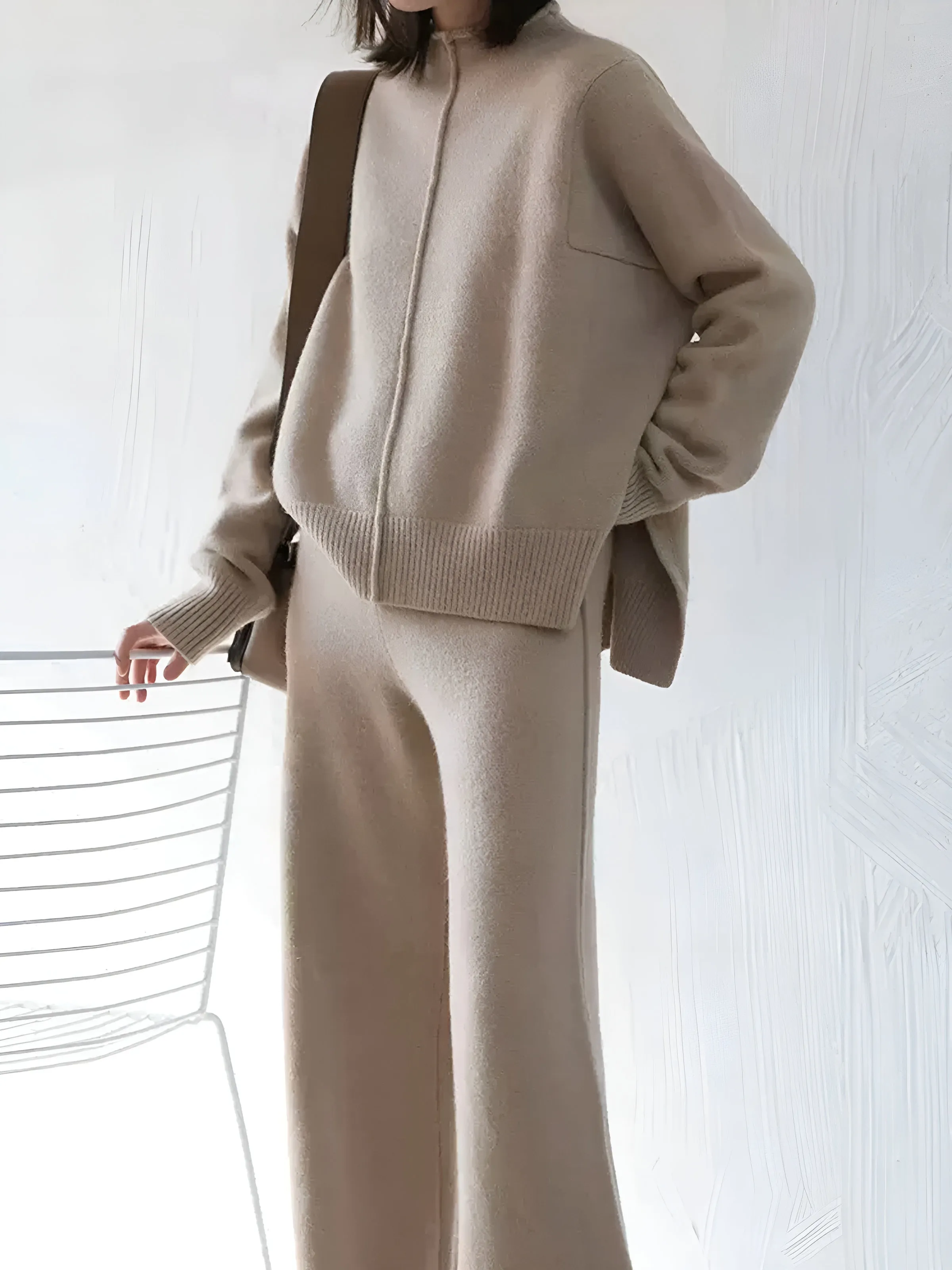 Side Slit Sweater & Knitted Wide-Leg Pant 2 Piece Lounge Set