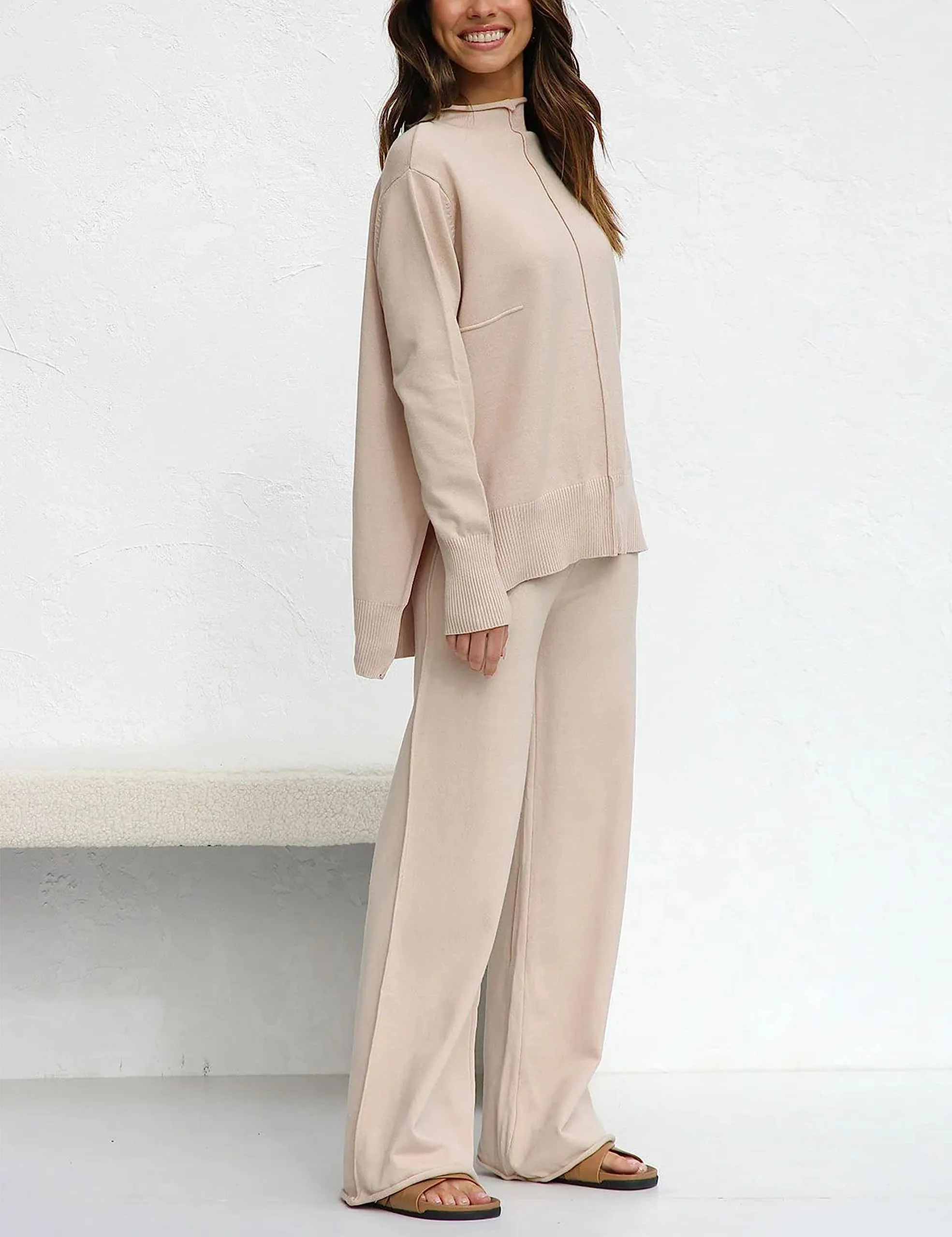 Side Slit Sweater & Knitted Wide-Leg Pant 2 Piece Lounge Set