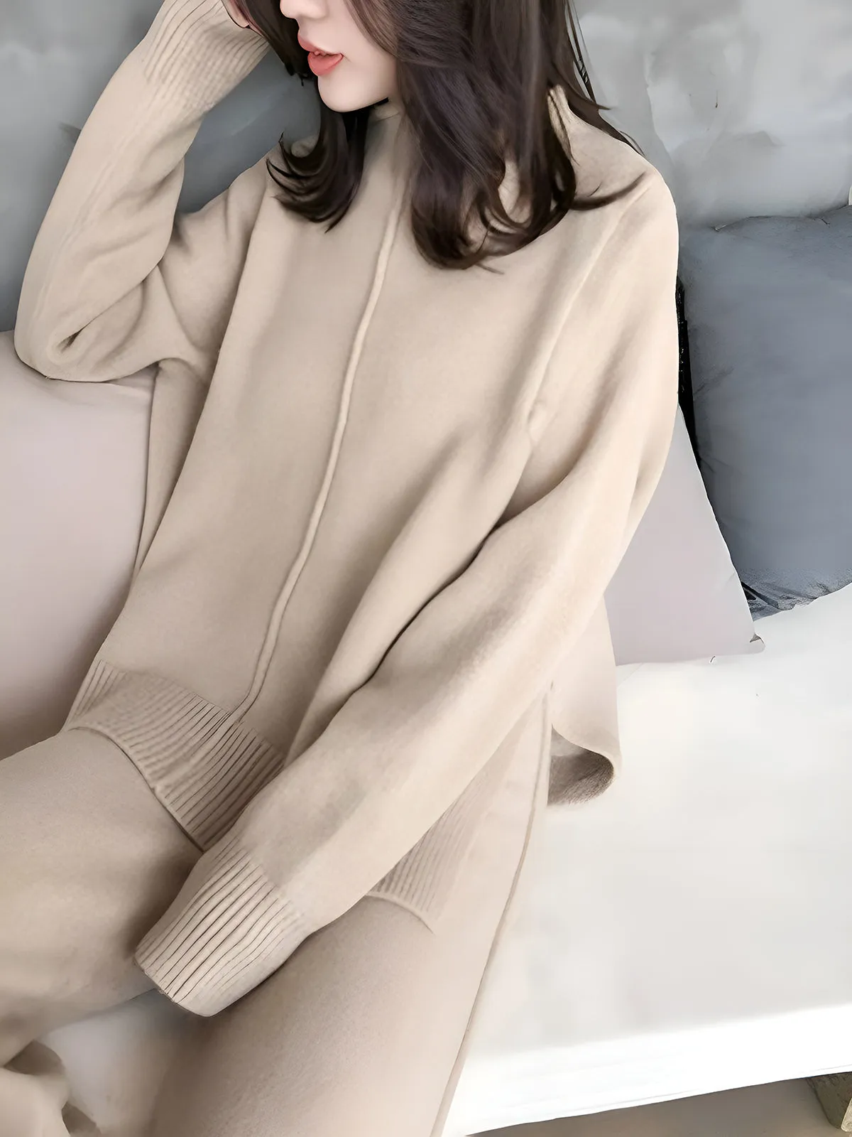 Side Slit Sweater & Knitted Wide-Leg Pant 2 Piece Lounge Set