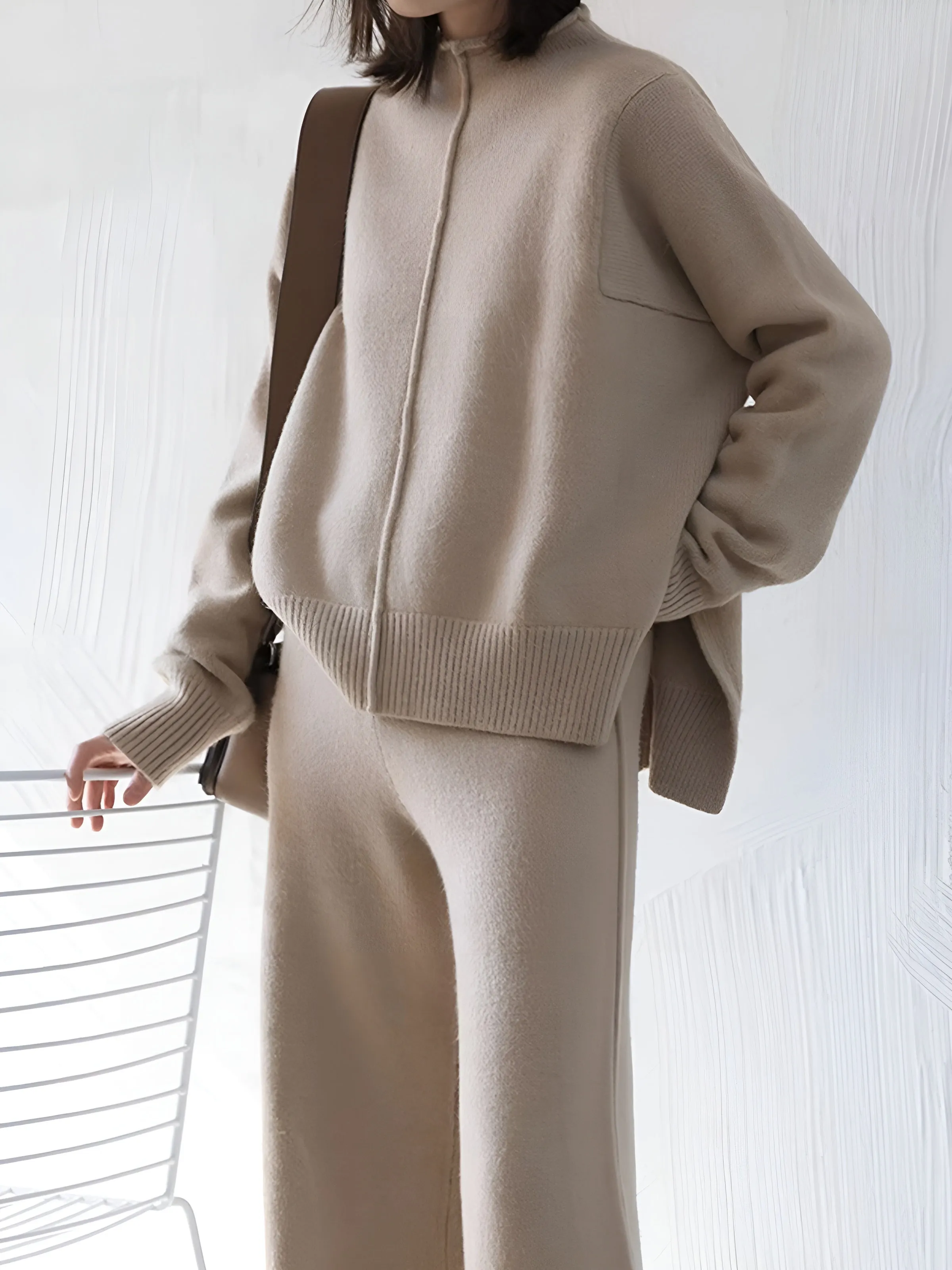 Side Slit Sweater & Knitted Wide-Leg Pant 2 Piece Lounge Set