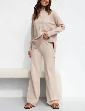 Side Slit Sweater & Knitted Wide-Leg Pant 2 Piece Lounge Set