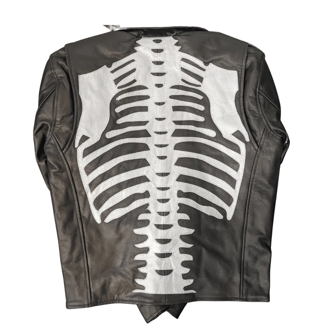 Skeleton Bones Silver on Black Classic Style Leather Jacket