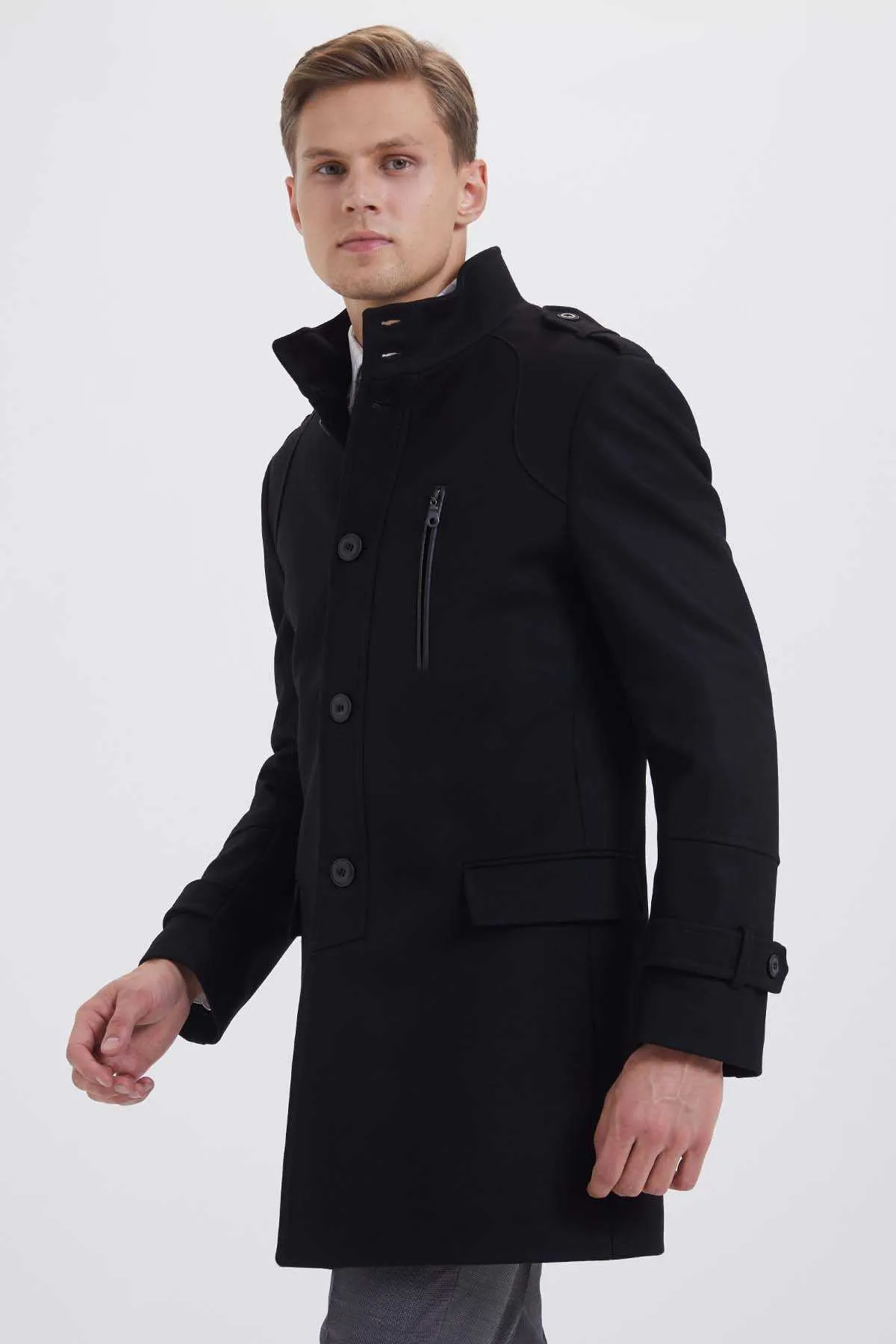 Slim Fit Stand Collar Wool Black Overcoat, Black