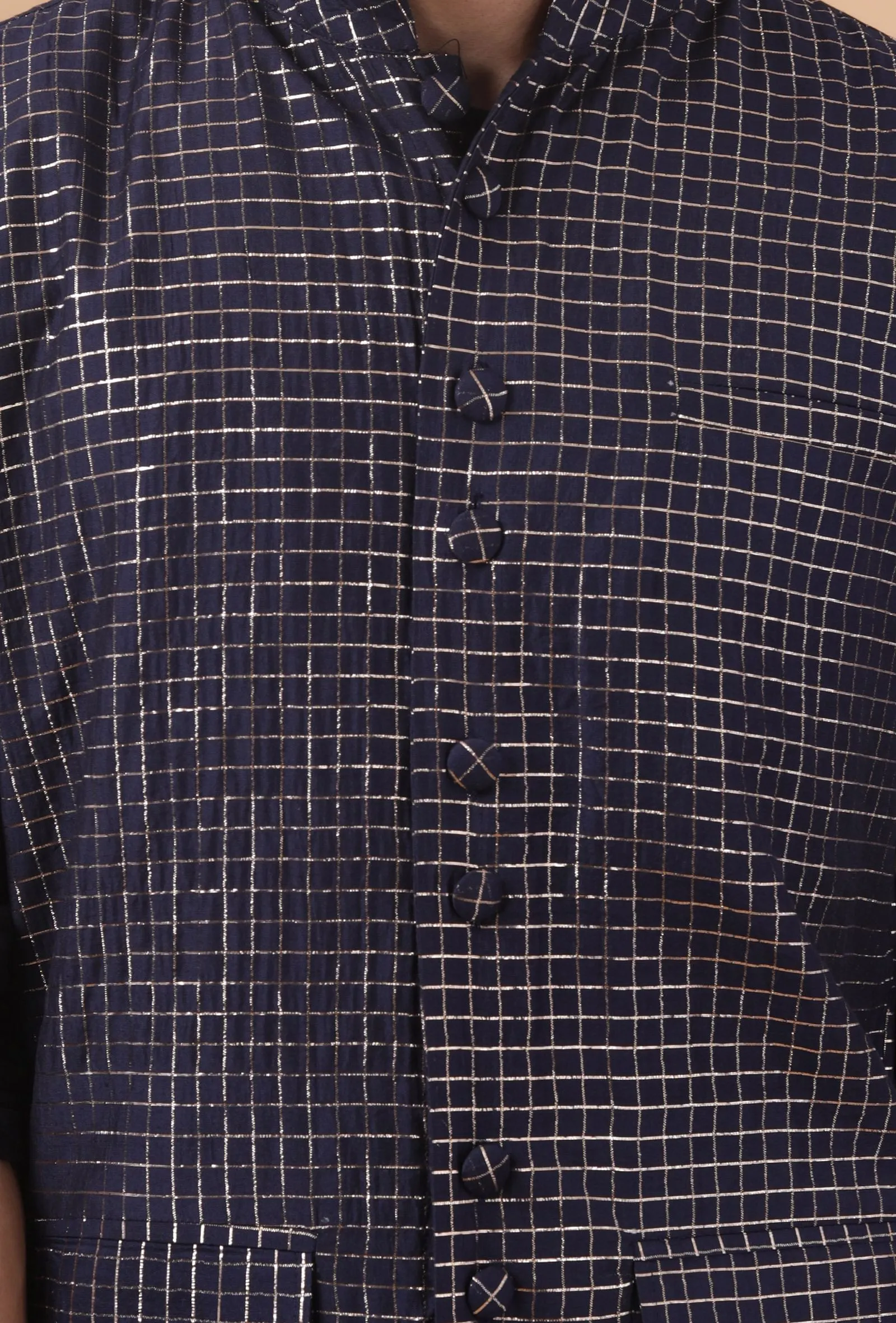 Space Blue Small Checkered Chanderi Nehru Jacket