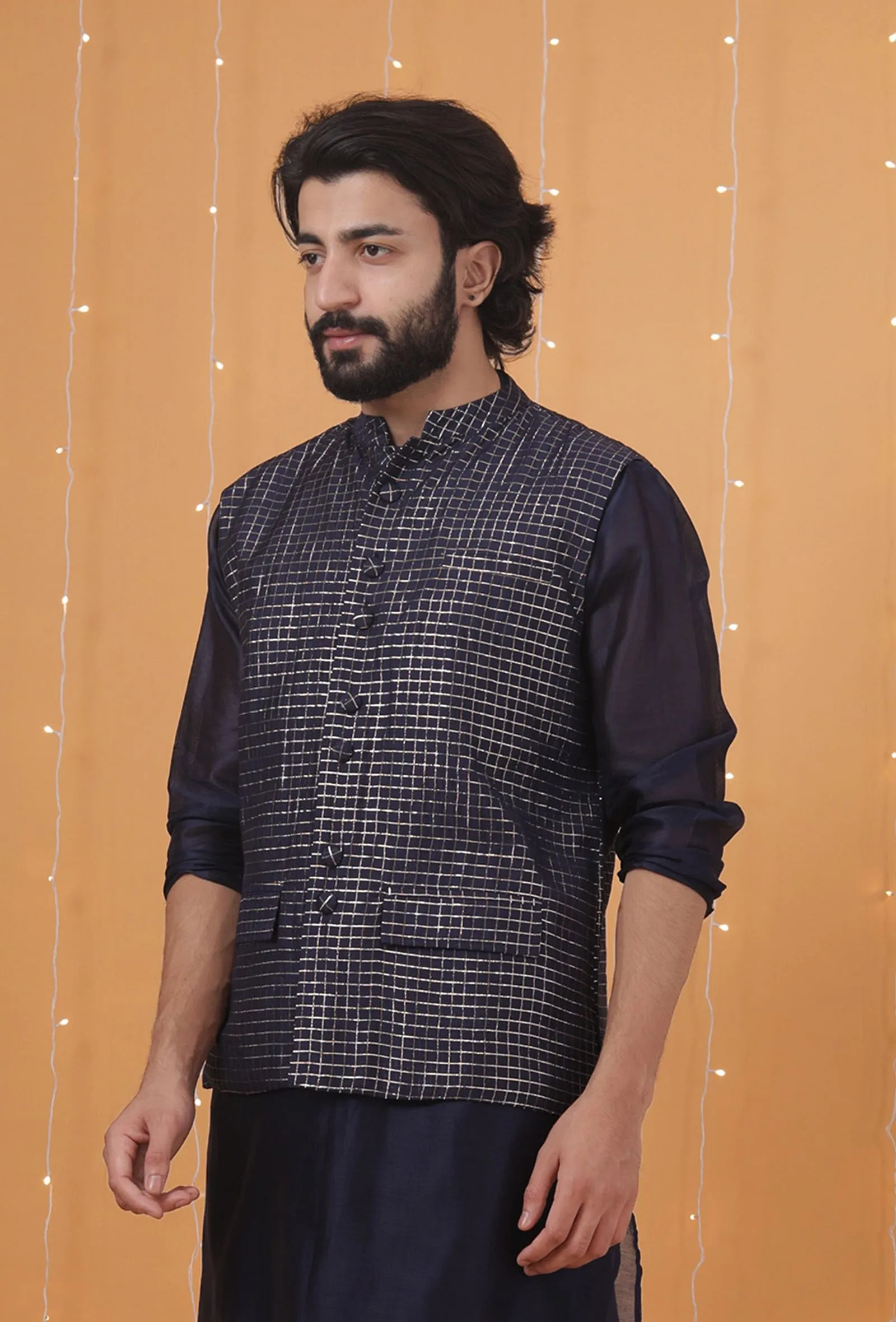 Space Blue Small Checkered Chanderi Nehru Jacket