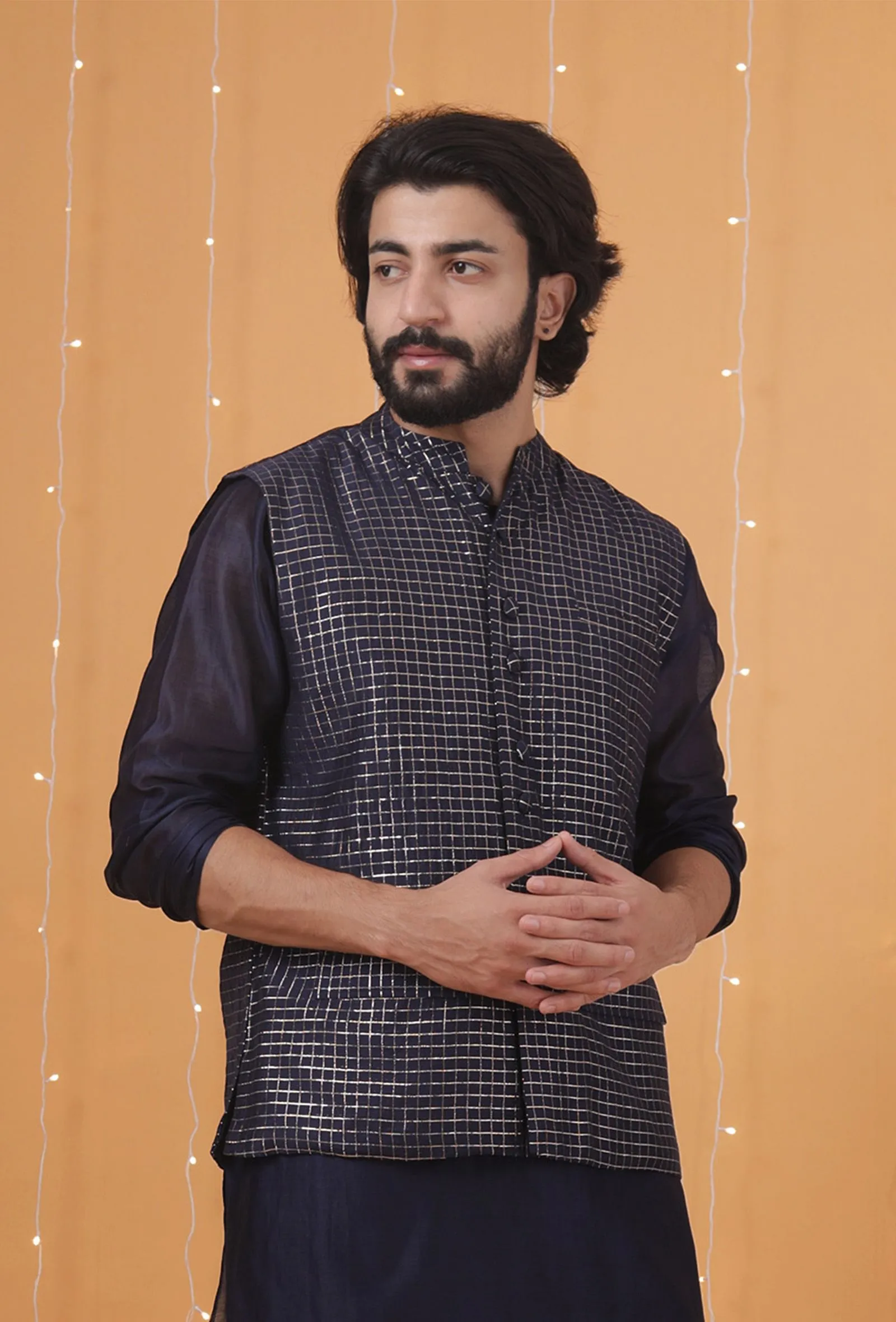 Space Blue Small Checkered Chanderi Nehru Jacket