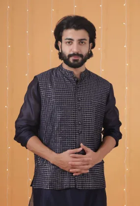 Space Blue Small Checkered Chanderi Nehru Jacket