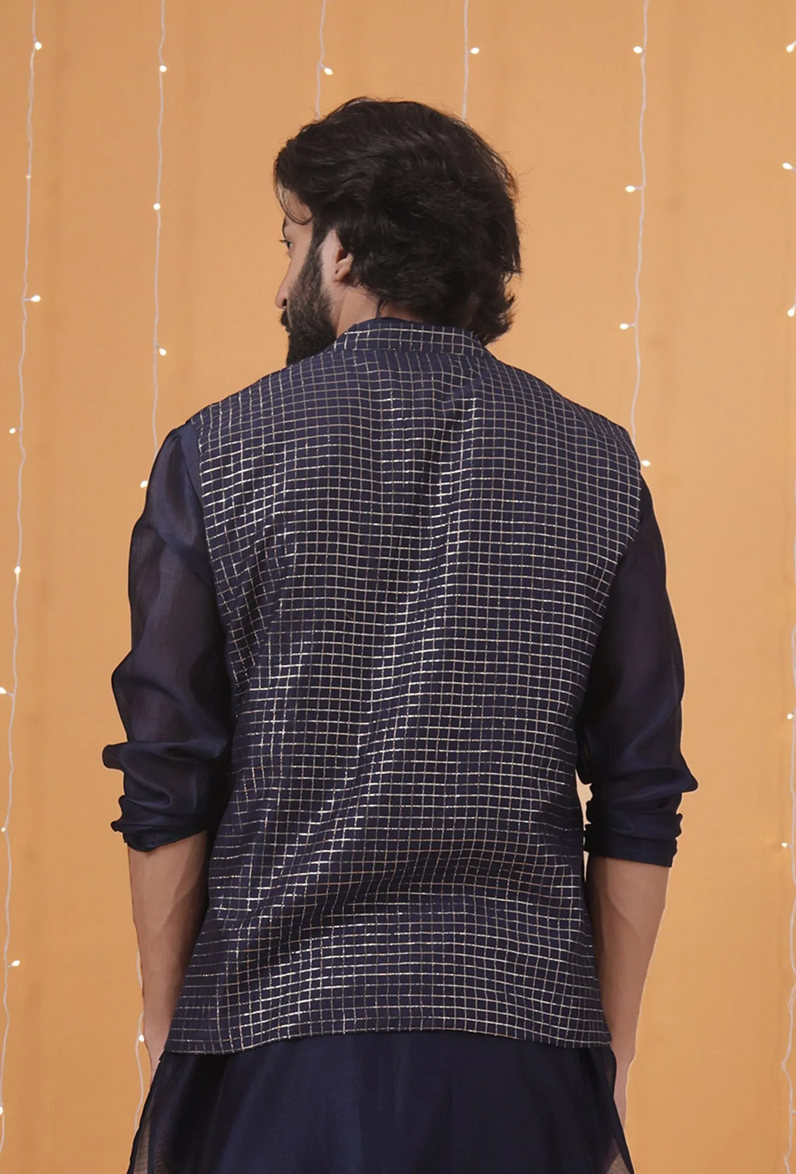 Space Blue Small Checkered Chanderi Nehru Jacket