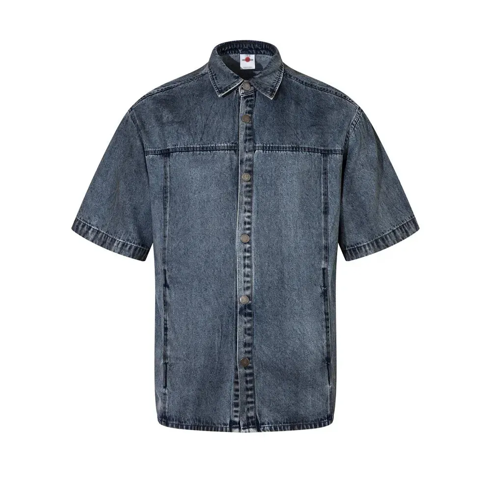 Spliced Denim Short Sleeve Shirts with Distressed Lapel - Casual Style