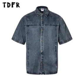 Spliced Denim Short Sleeve Shirts with Distressed Lapel - Casual Style