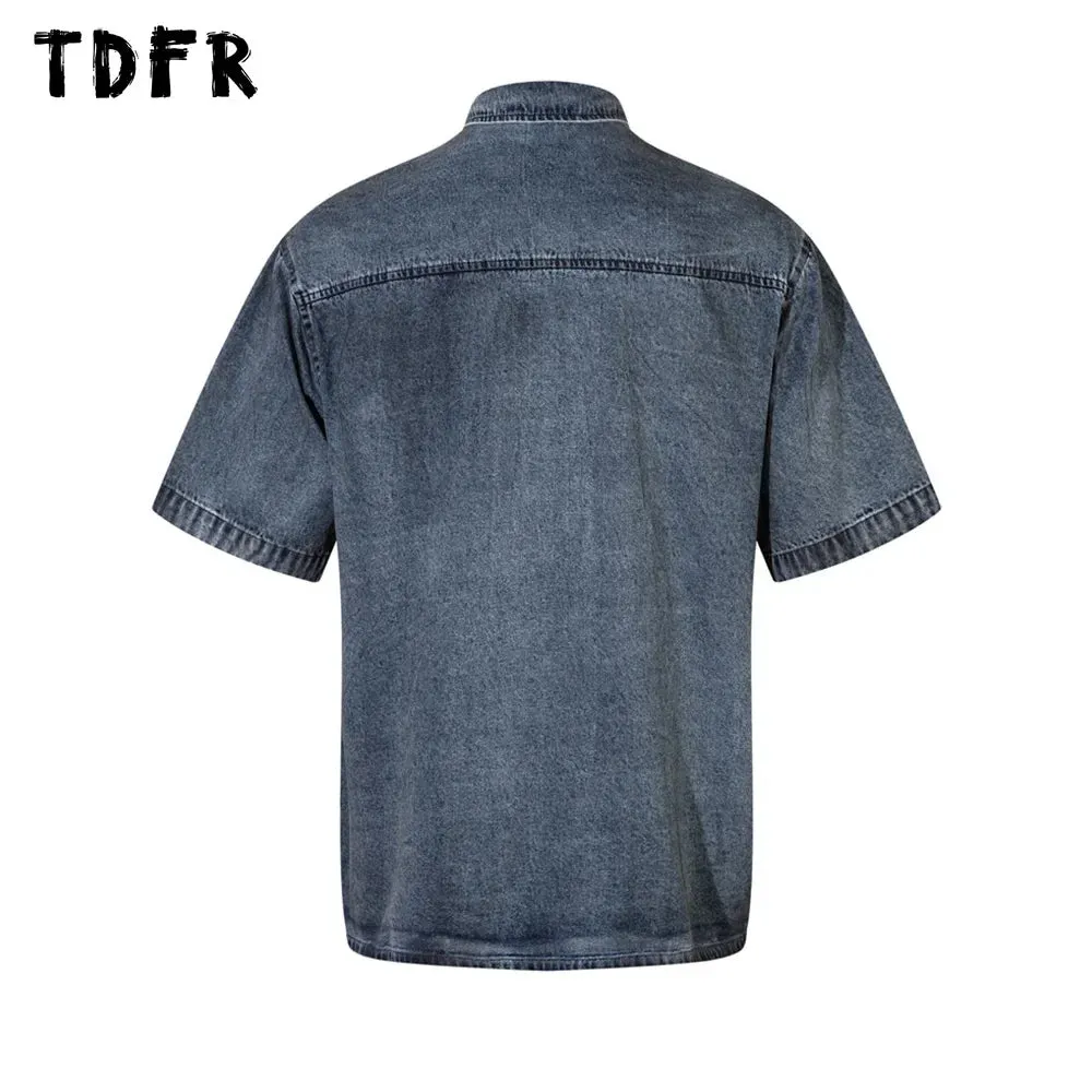 Spliced Denim Short Sleeve Shirts with Distressed Lapel - Casual Style