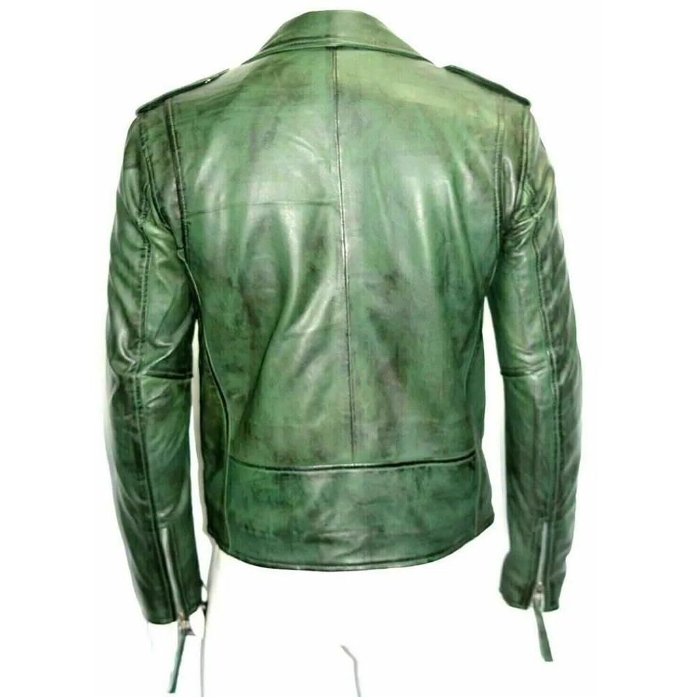 Spread Collar Green Leather Jacket