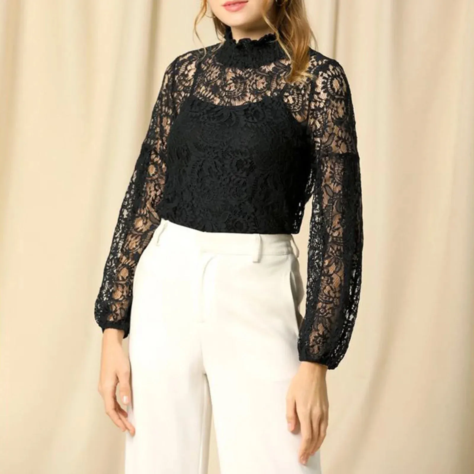 Spring Summer T-shirt Long Sleeve Turtleneck See-through Lace Floral Sheer Clubwear Elegant T-shirt