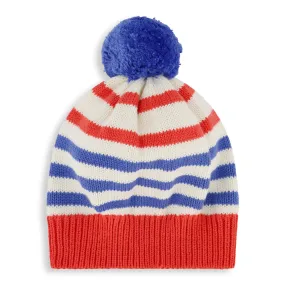 Striped Knit Pom Pom Hat -- Peri/Red Stripe