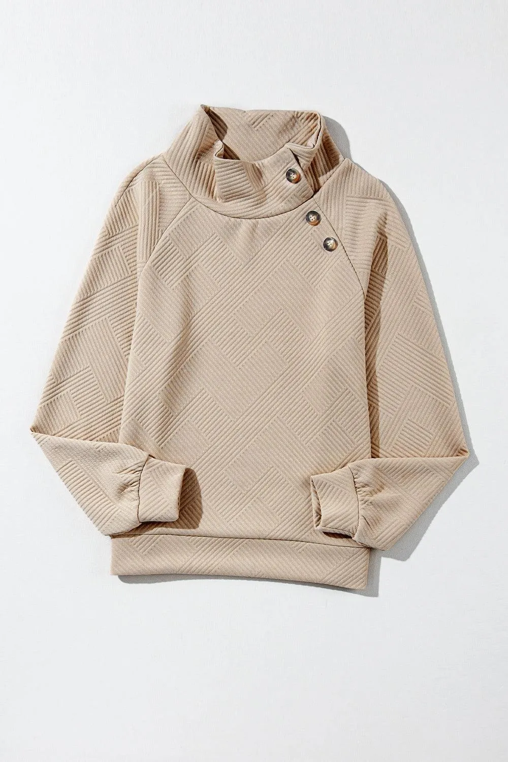 Sweatshirt Turtleneck Buttoned Collar Textured Long Sleeve