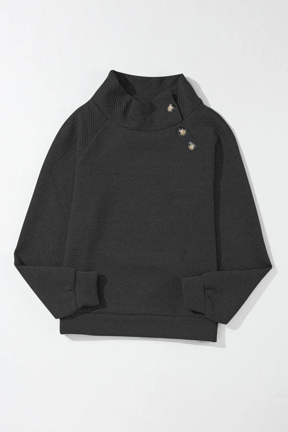 Sweatshirt Turtleneck Buttoned Collar Textured Long Sleeve