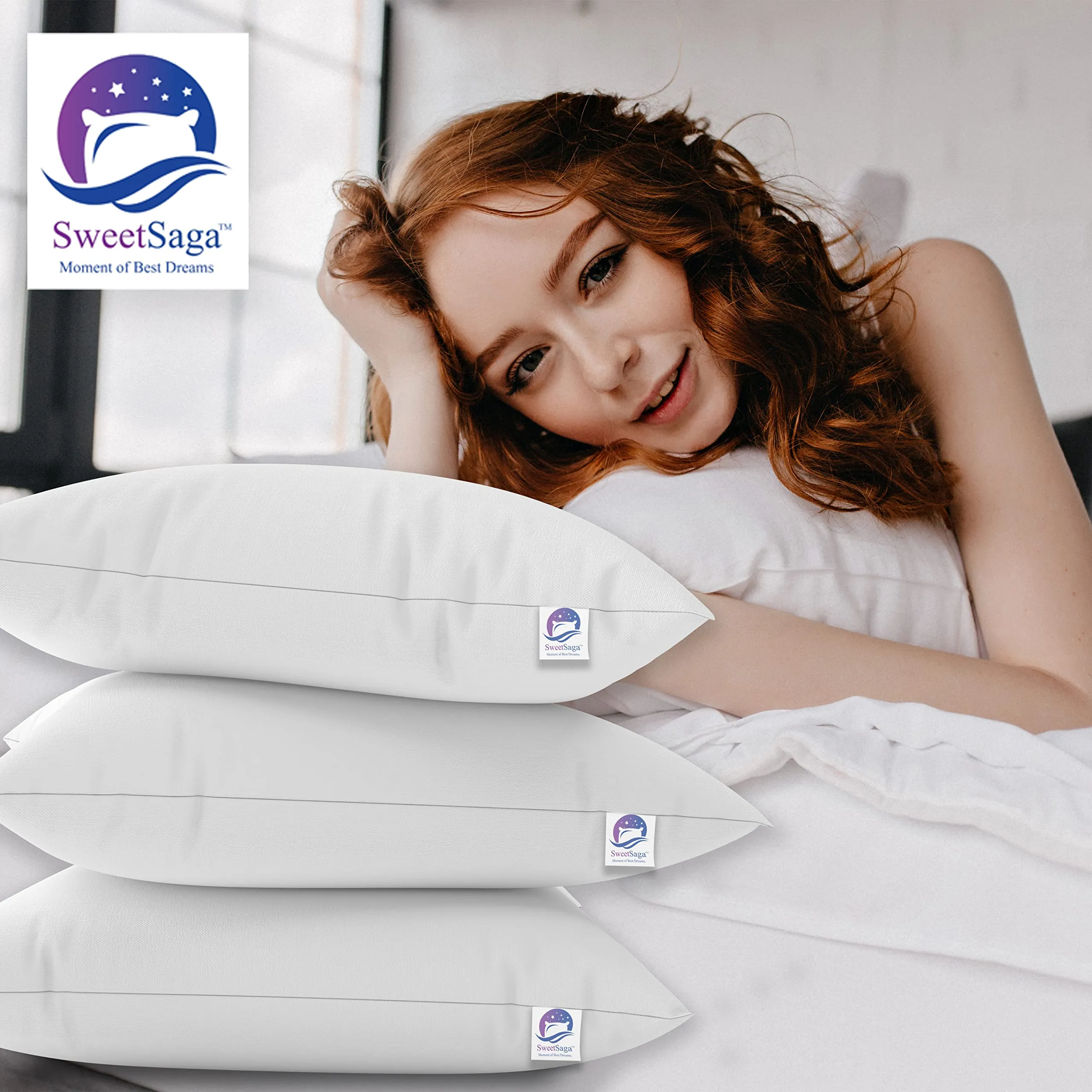 SWEETSAGA ™ Ultra Soft Micro Fiber Filled Restful Nights Premium Luxury Pillow for Sleeping - Hotel Class Experience, 20x30 Inch, White - Vacuum Packed 4 Pillows