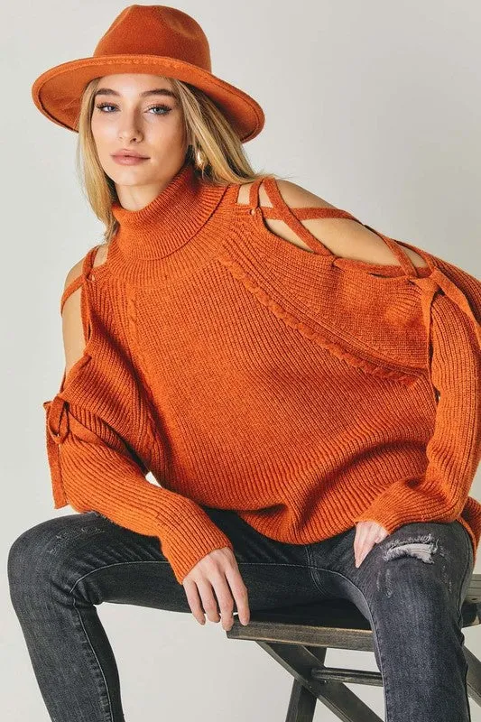 TEEK - Solid Turtleneck Cutout Long Sleeve Sweater