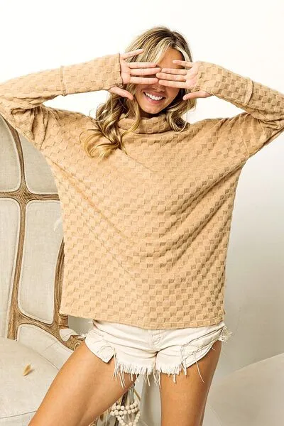 TEEK - Taupe Checkered Thumbhole Long Sleeve Top