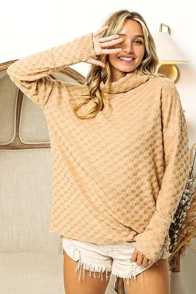 TEEK - Taupe Checkered Thumbhole Long Sleeve Top