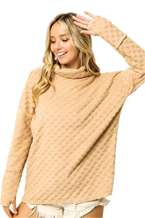 TEEK - Taupe Checkered Thumbhole Long Sleeve Top