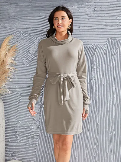 Tie-Waist Turtleneck Long Sleeve Dress