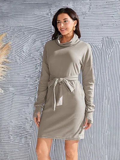 Tie-Waist Turtleneck Long Sleeve Dress