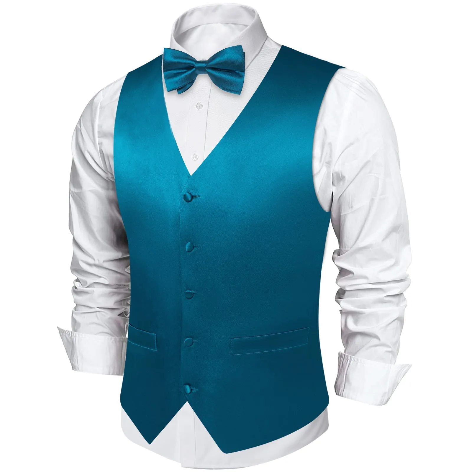 Ties2you Men's Suit Vest Deep Water Teal Solid Silk Vest Hanky Cufflinks Bow Tie Set