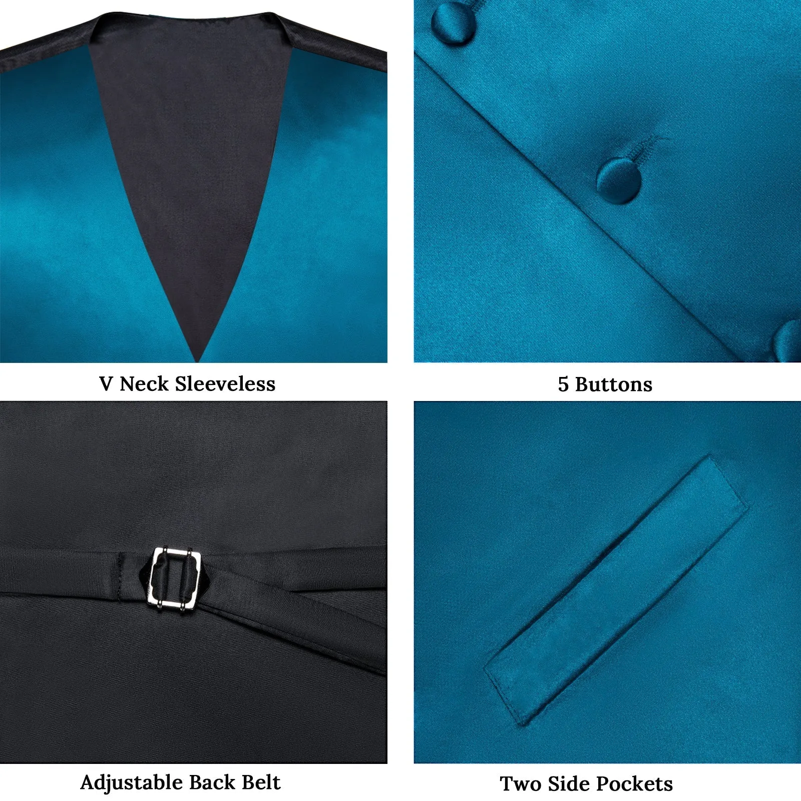 Ties2you Men's Suit Vest Deep Water Teal Solid Silk Vest Hanky Cufflinks Bow Tie Set