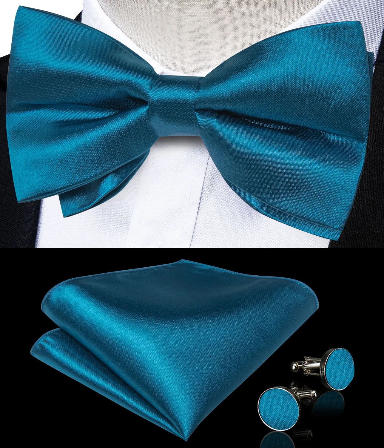 Ties2you Men's Suit Vest Deep Water Teal Solid Silk Vest Hanky Cufflinks Bow Tie Set