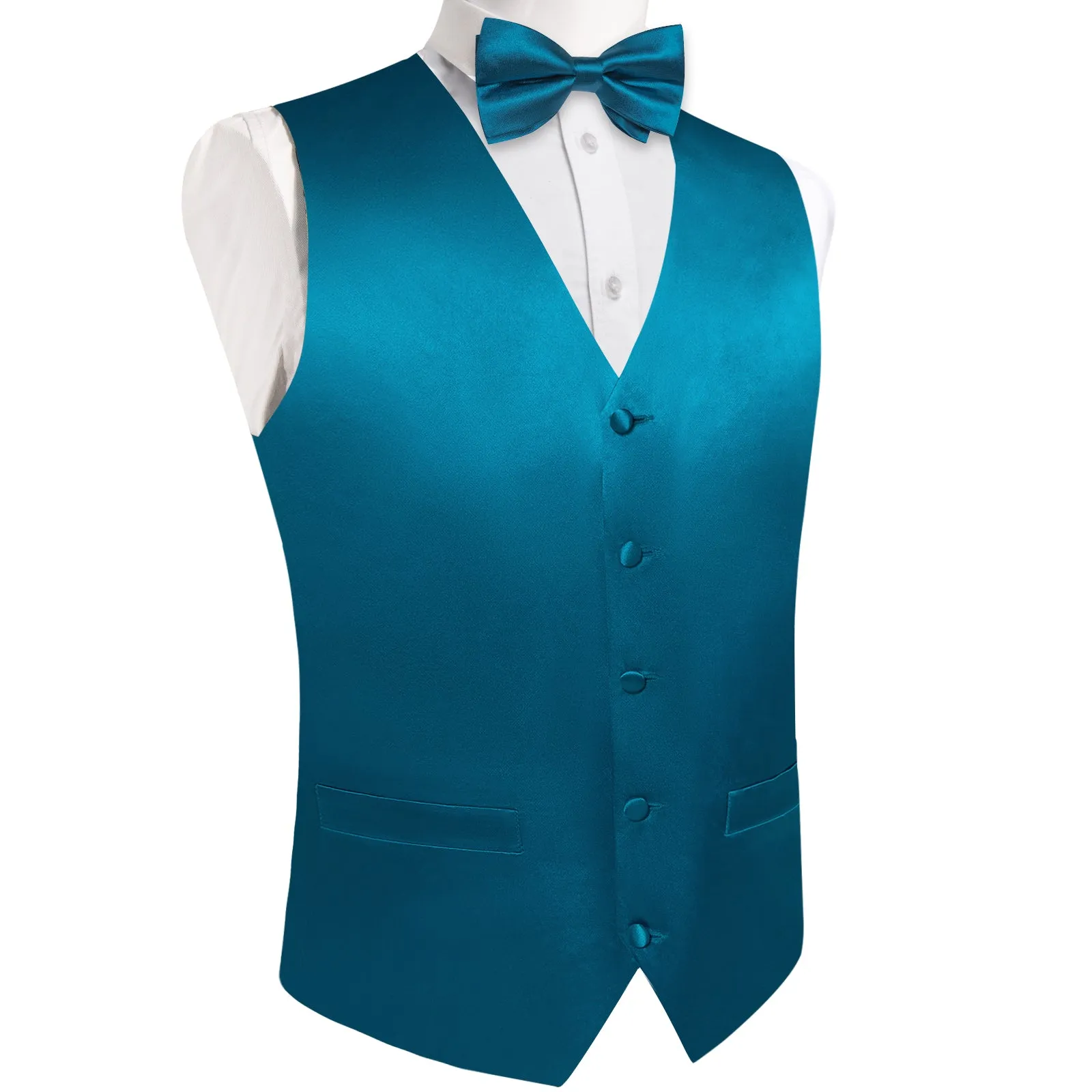 Ties2you Men's Suit Vest Deep Water Teal Solid Silk Vest Hanky Cufflinks Bow Tie Set