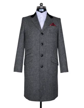 Vintage Style Grey Herringbone Tweed Overcoat