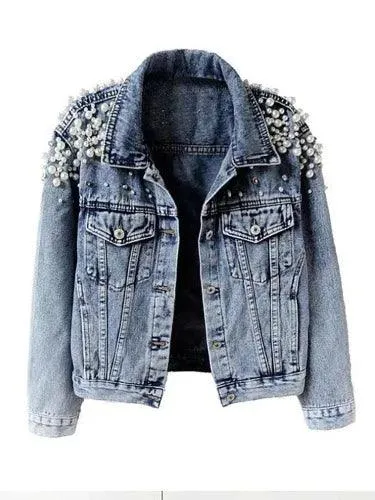 Wenkouban-Winter outfits Christmas Black Friday Blue Pearl Beaded Short Denim Jacket