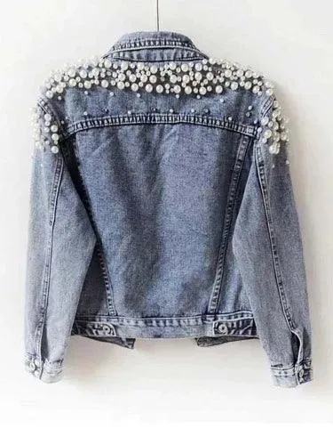 Wenkouban-Winter outfits Christmas Black Friday Blue Pearl Beaded Short Denim Jacket