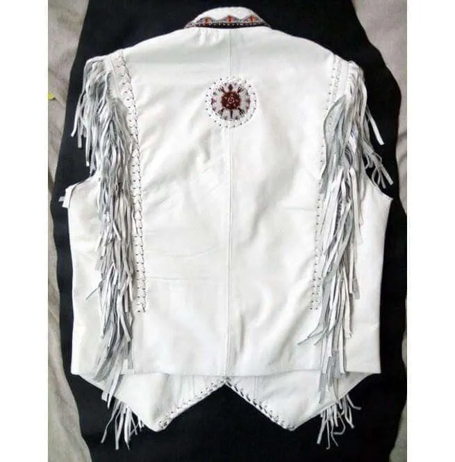 Western Leather Jacket, Handmade White Cowboy Fringe Leather Jacket