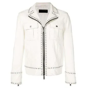 White Studded Leather Jacket Motorcycle Fashion Leather Jacket