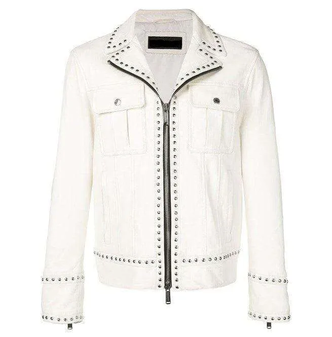 White Studded Leather Jacket Motorcycle Fashion Leather Jacket