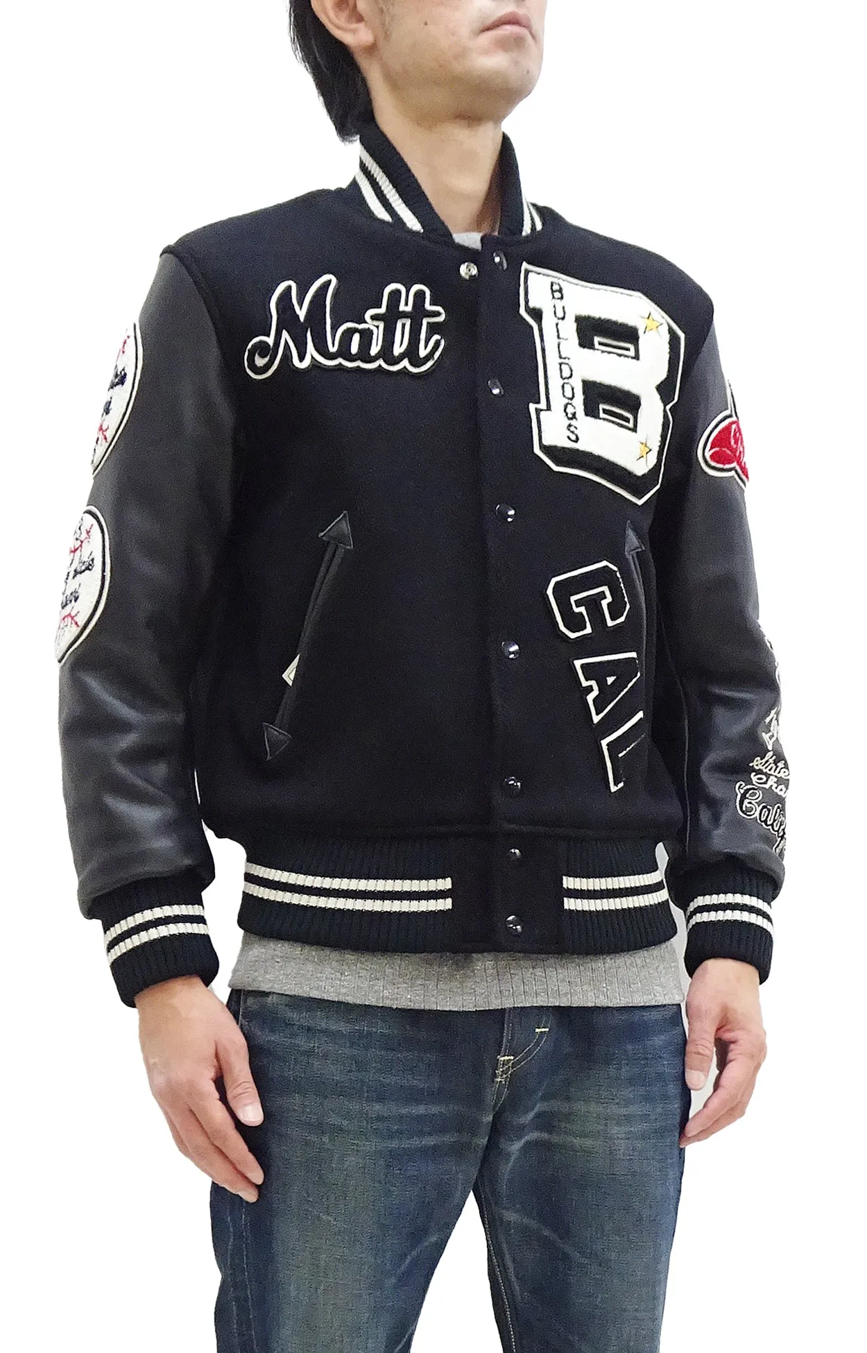 Whitesville Varsity Jacket Men's Letterman Jacket Melton x Leather Award Jacket WV15385 WV15385-119 Black/Black