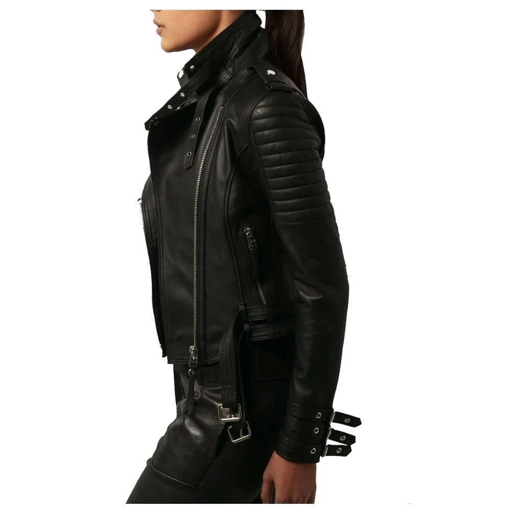 WOMEN WAIST BELTED MOTO SLIM FIT BIKER JACKET LAMBSKIN BIKER JACKET